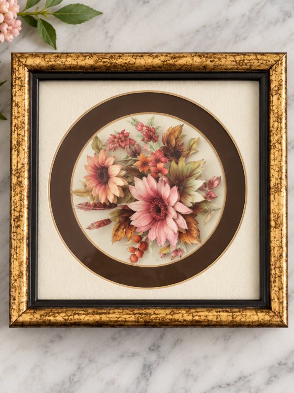 Vintage Decoupage Floral Botanical Art – Gold Frame – 6" x 6"